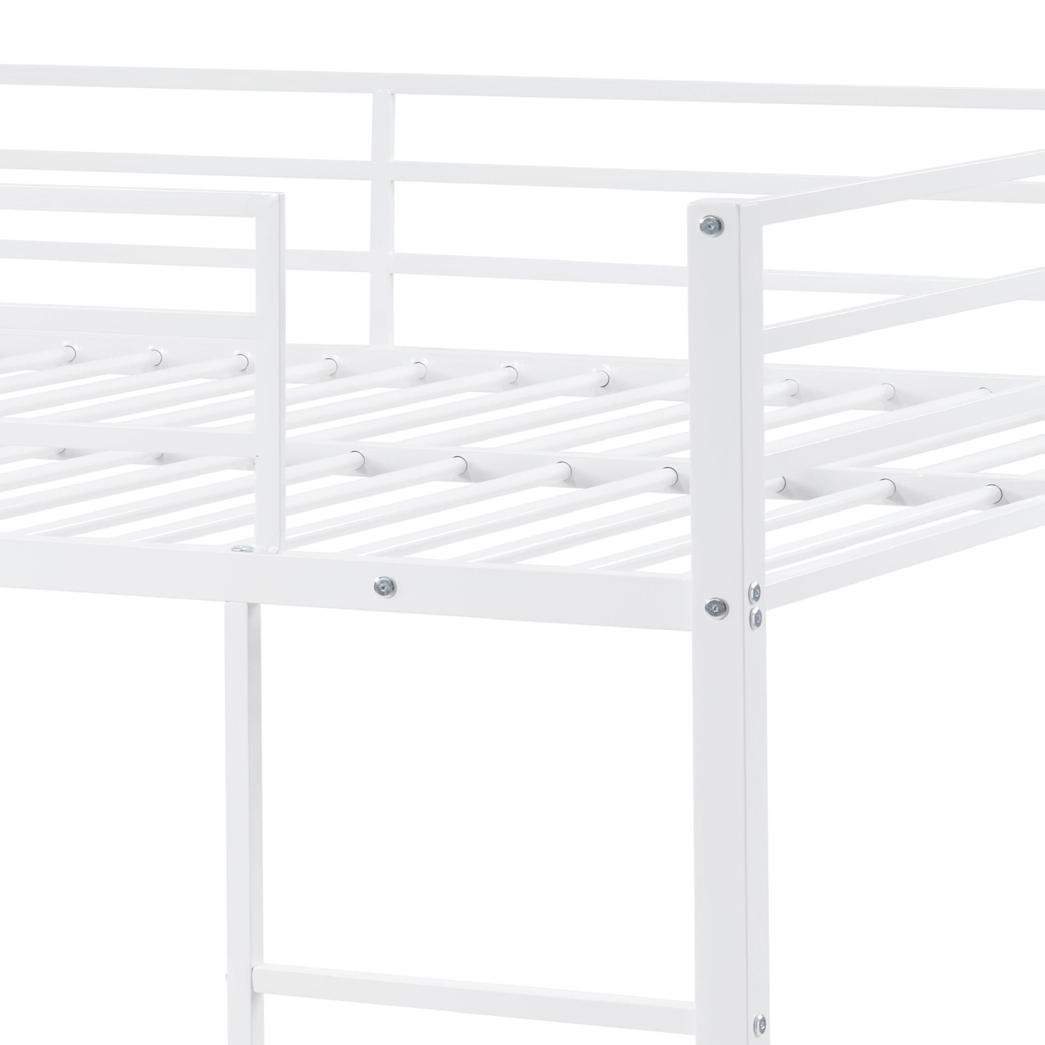 Full Over Full Bunk Bed, Heavy Duty Metal Bunk Bed Frame With Built-in Ladder And Safety Guard Rail, Low Metal Bunk Bed Frame For Kids, No Boxspring Required, For Small Spaces, White_voghion.com